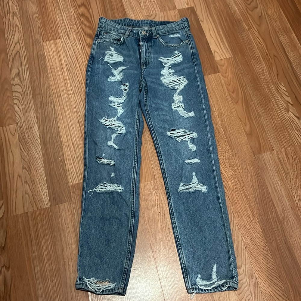 H&M & Denim Low Waist Button Down Boyfriend Distressed Jeans Sz 0